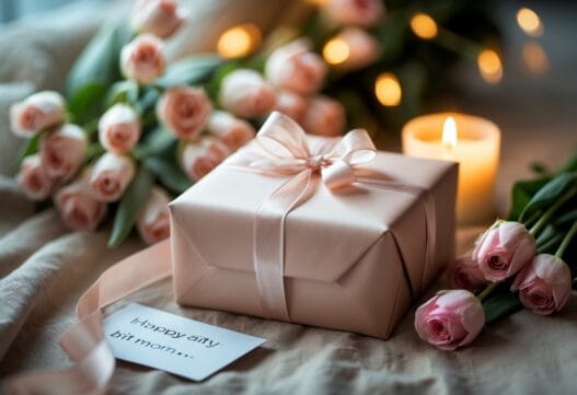 Professionelt billede til fødselsdagsgave til mor med farverig dekoration og fødselsdagselementer.